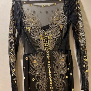 Gold Embroidered Mesh Evening Gown